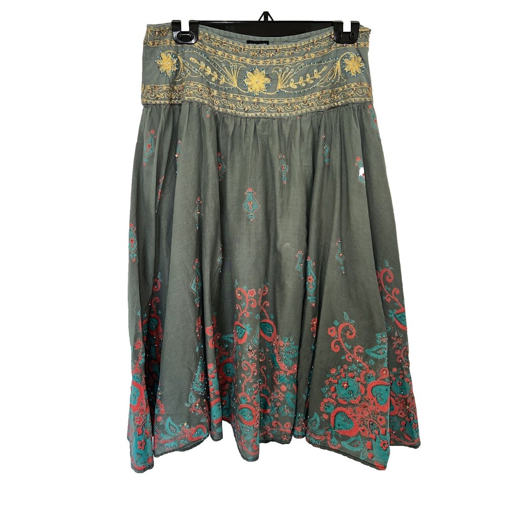 women's Lined Maxi Skirt Size 6 Cotton Olive Green Beaded Boho Casual Earthy